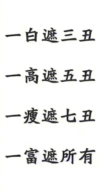 一白遮三丑，一高遮五丑，一瘦遮七丑，一富遮所有（一白遮三丑，一高遮五丑，一瘦遮七丑，一富遮所有）