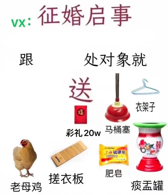 VX 征婚启事跟处对象就送福衣架子彩礼20w马桶塞上海硫磺皂Sulfur Soap 搓衣板肥皂老母鸡痰盂罐