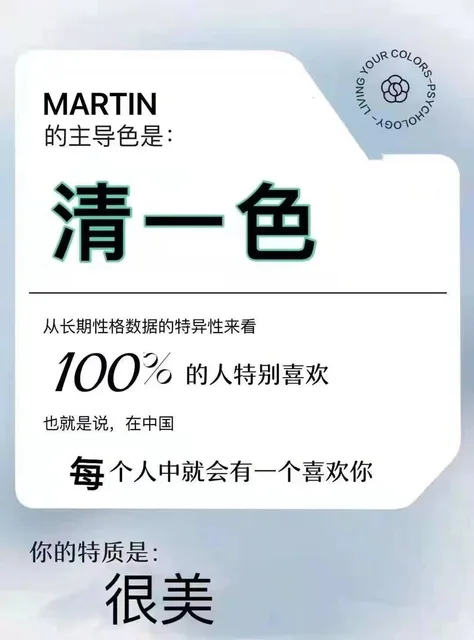 NG YOUR COLORS-P MARTIN -人9070HON的主导色是:清一色从长期性格数据的特异性来看100%的人特别喜欢也就是说,在中国每个人中就会有一个喜欢你你的特质是:很美