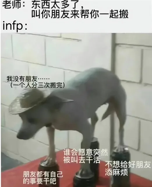 老师：东西太多了叫你朋友来帮你一起搬infp:我没有朋友……(一个人分三次搬完)谁会愿意突然被叫去干活不想给好朋友朋友都有自己添麻烦的事要干吧（老师：东西太多了叫你朋友来帮你一起搬infp:我没有朋友……(一个人分三次搬完)谁会愿意突然被叫去干活不想给好朋友朋友都有自己添麻烦的事要干吧）