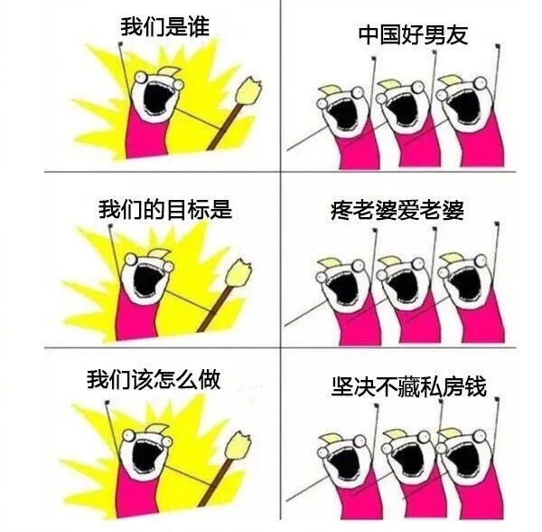 我们是谁？中国好男友！我们的目标是？疼老婆爱老婆！我们该怎么做？坚决不藏私房钱