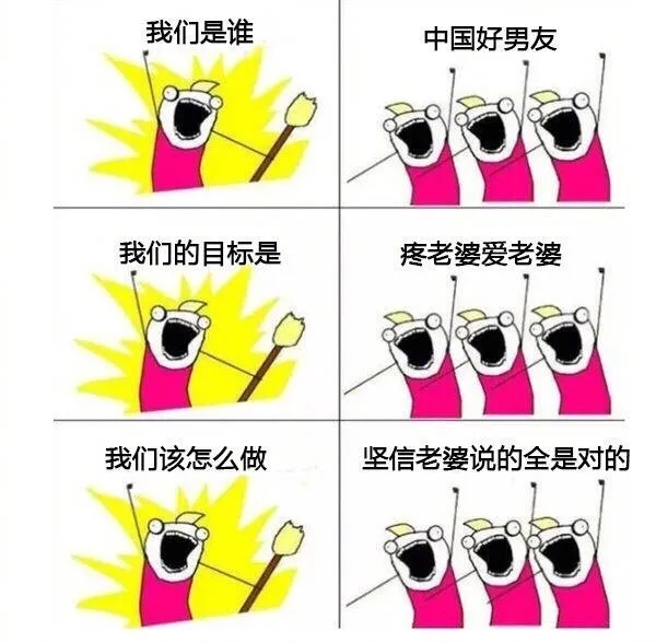 我们是谁？中国好男友！我们的目标是？疼老婆爱老婆！我们该怎么做？坚信老婆说的全是对的