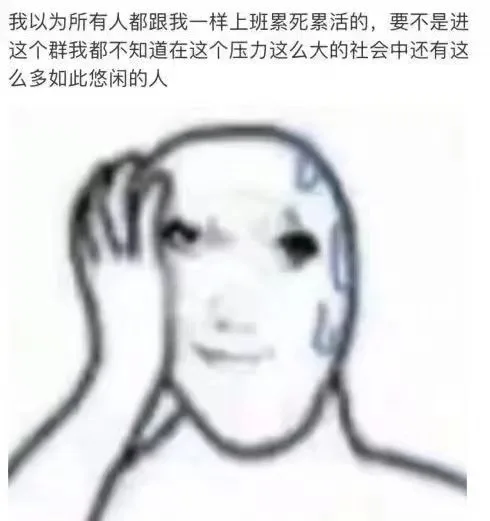 我以为所有人都跟我一样上班累死累活的，要不是进这个群我都不知道在这个压力这么大的社会中还有这么多如此悠闲的人(群聊表情包)（我以为所有人都跟我一样上班累死累活的，要不是进这个群我都不知道在这个压力这么大的社会中还有这么多如此悠闲的人(群聊表情包)）