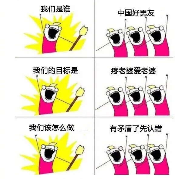 我们是谁？中国好男友！我们的目标是？疼老婆爱老婆！我们该怎么做？有矛盾了先认错