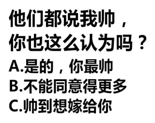 他们都说我帅,你也这么认为吗?A是的,你最帅B不能同意得更多C.帅到想嫁给你