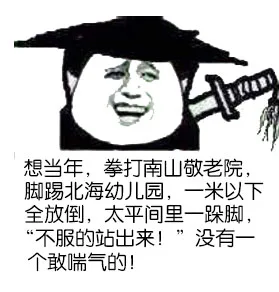 想当年，拳打萄老院，脚 踢北海幼稚园，一米以下全放倒，太平间里一跺脚，『不服的站出来！』没有一个敢喘气的！