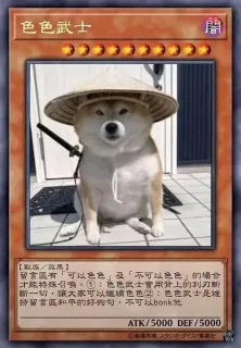 色色武士★★★★【獸族效果】留言區有「可以色色」及「不可以色色」的場合才能特殊召喚①:色色武士會用背上的利刃斬斷切,讓大家可以繼續色色②色色武士是持留言區和平的好狗勾,不可以bonk他ATK/5000DEF/5000高和希才/