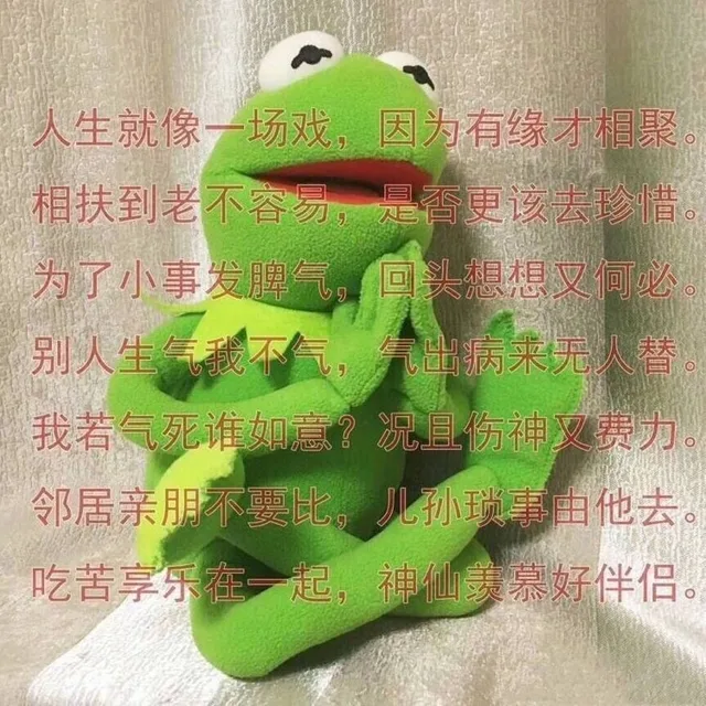 人生就像一场戏，因为有缘才相聚，相扶到老不容易，是否更该去珍惜，为了小事发脾气，回头想想又何必，别人生气我不气，气出病来无人替，我若气死谁如意，况且伤神又费力，邻居亲朋不要比，儿孙琐事由他去，吃苦享乐在一起，神仙羡慕好伴侣。（绿蛙打坐）