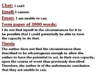 Chat :can't Email :cannot .Essay :I am unable to can .Term paper of 3000 words :I do not find myself in the circumstances for it to be possible that could potentially be able to have the capacity to do that .Thesis The author does not find the circumstances thus described to be advantageous enough to allow the author to have the potential to act ,in their own capacity ,upon the course event thus previously described Therefore ,the author is of the unfortunate conclusion that they are unable to can .