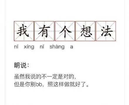 我有个想法ni xing ni shang a明说虽然我说的不一定是对的,但是你别bb,照这样做就好了。