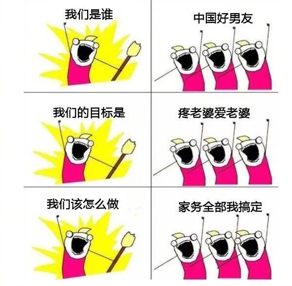 我们是谁？中国好男友！我们的目标是？疼老婆爱老婆！我们该怎么做？家务全部我搞定