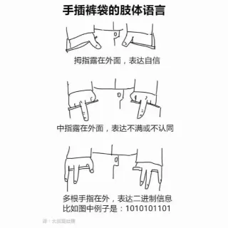 手插裤袋的肢体语言拇指露在外面,表达自信中指露在外面,表达不满或不认同多根手指在外,表达二进制信息比如图中例子是:1010101101