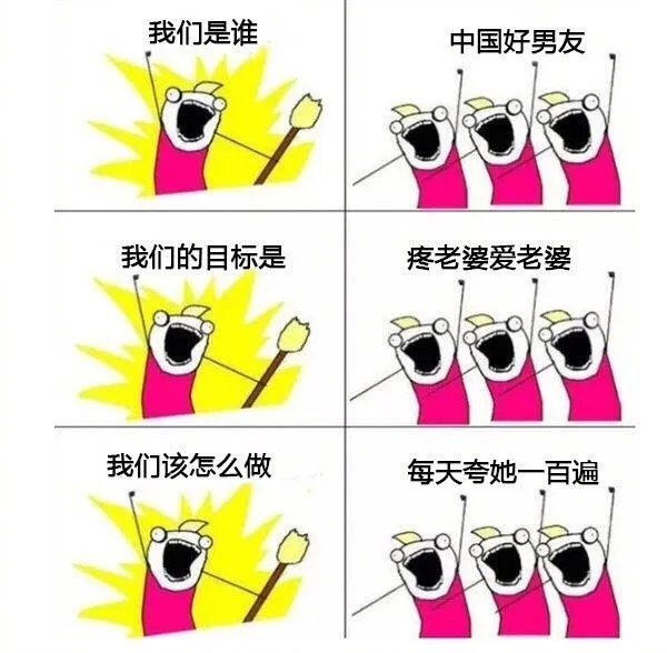 我们是谁？中国好男友！我们的目标是？疼老婆爱老婆！我们该怎么做？每天夸她一百遍