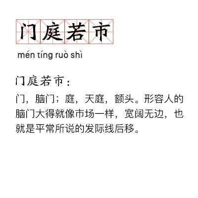 门庭若市men ting ruo shi门庭若市:门,脑门庭,天庭,额头。形容人的脑门大得就像市场一样,宽阔无边,也就是平常所说的发际线后移。（门庭若市men ting ruo shi门庭若市:门,脑门庭,天庭,额头。形容人的脑门大得就像市场一样,宽阔无边,也就是平常所说的发际线后移。）