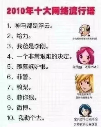 2010年十大网络流行语1、神马都是浮云。2、给力。你溶楚和说的农电3、我爸是李刚。4、一个非常艰难的决定。5、羡慕嫉妒恨。你是gg,还是MM6、菲警。7、鸭梨。8、蒜你狠。国气神丝萝气9、微博。10、我勒个去。宝贝你千万别落泪男神我的心会疲鱼（2010年十大网络流行语1、神马都是浮云。2、给力。你溶楚和说的农电3、我爸是李刚。4、一个非常艰难的决定。5、羡慕嫉妒恨。你是gg,还是MM6、菲警。7、鸭梨。8、蒜你狠。国气神丝萝气9、微博。10、我勒个去。宝贝你千万别落泪男神我的心会疲鱼）