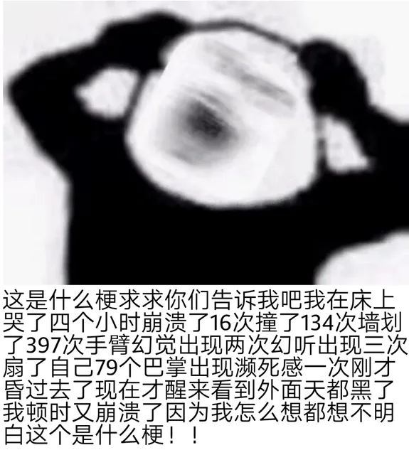 这是什么梗求求你们告诉我吧我在床上哭了四个小时崩溃了16次撞了134次墙划了397次手臂幻觉出现两次幻听出现三次扇了自己79个巴掌出现濒死感一次刚才昏过去了现在才醒来看到外面天都黑了我顿时又崩溃了因为我怎么想都想不明白这个是什么梗!!（这是什么梗求求你们告诉我吧我在床上哭了四个小时崩溃了16次撞了134次墙划了397次手臂幻觉出现两次幻听出现三次扇了自己79个巴掌出现濒死感一次刚才昏过去了现在才醒来看到外面天都黑了我顿时又崩溃了因为我怎么想都想不明白这个是什么梗!!）