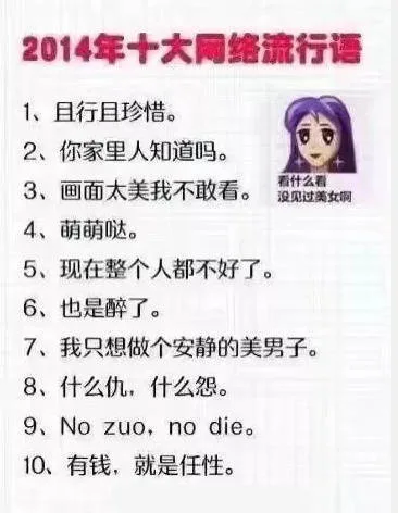 2014年十大同络流行语1、且行且珍惜。2、你家里人知道吗。3、画面太美我不敢看。看什么看没见过美女啊4、萌萌哒。5、现在整个人都不好了。6、也是醉了。7、我只想做个安静的美男子。8、什么仇,什么怨。9、 No zuo, no die。10、有钱,就是任性。