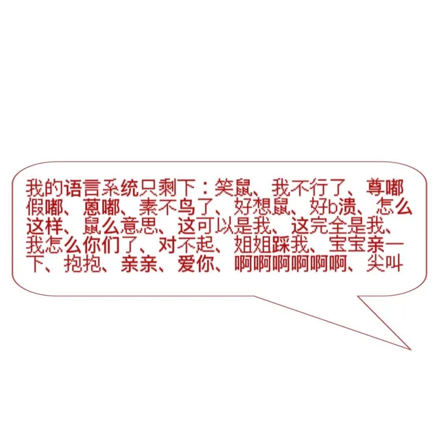 我的语言系统只剩下：笑鼠、我不行了、尊嘟假嘟、蒽嘟、素不鸟了、好想鼠、好溃、怎么这样、鼠么意思、这可以是我、这完全是我，我怎么你们了、对不起、姐姐踩我、宝宝亲一下、抱抱、亲亲、爱你、啊啊啊啊啊啊、尖叫