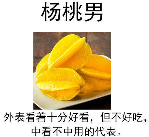 杨桃男：外表看着十分好看，但不好吃。中看不中用的代表