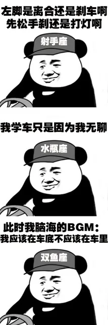 左脚是离合还是刹车啊先松手刹还是打灯啊射手座我学车只是因为我无聊水瓶座此时我脑海的BGM:我应该在车底不应该在车里双鱼座