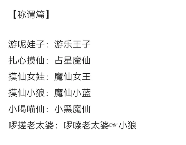 【称谓篇】游呢娃子:游乐王子扎心摸仙:占星魔仙摸仙女娃:魔仙女王摸仙小狼:魔仙小蓝小喝喵仙:小黑魔仙啰搓老太婆:啰嗦老太婆小狼