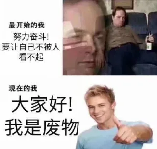 最开始的我 努力奋斗！要让自己不被人看不起 现在的我 大家好！我就是废物