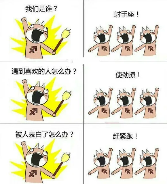 我们是谁?射手座!遇到喜欢的人怎么办?使劲撩!X被人表白了怎么办?赶紧跑!X