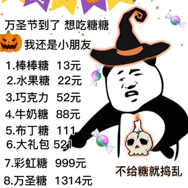 万圣节到了想吃糖糖我还是小朋友1.棒棒糖13元2.水果糖22元3巧克力52元4.牛奶糖88元5.布丁糖1116.大礼包5217.彩虹糖999元不给糖就捣乱8.万圣糖1314元