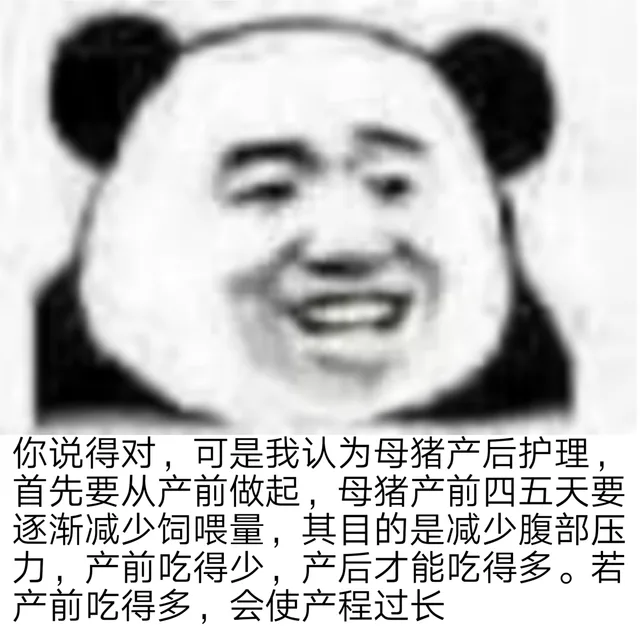 你说得对,可是我认为母猪产后护理首先要从产前做起,母猪产前四五天要逐渐减少饲喂量,其目的是减少腹部压力,产前吃得少,产后才能吃得多。若产前吃得多,会使产程过长（你说得对,可是我认为母猪产后护理首先要从产前做起,母猪产前四五天要逐渐减少饲喂量,其目的是减少腹部压力,产前吃得少,产后才能吃得多。若产前吃得多,会使产程过长）