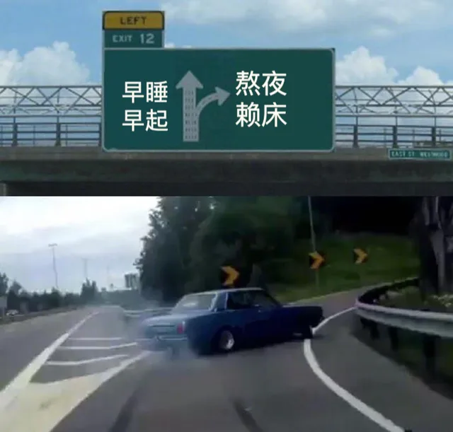 LEFTcxr 12空早睡盒→熬夜早起赖床(汽车在高速路分叉离开漂移走岔路)