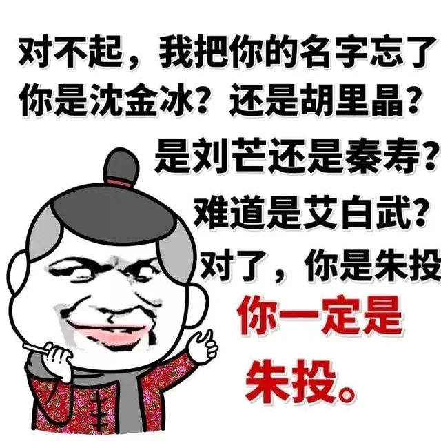 对不起，我把你的名字忘了，你是沈金冰？还是胡里晶？是刘芒还是秦寿？难道是艾白武？对了，你是朱投你一定是朱投。（对不起，我把你的名字忘了，你是沈金冰？还是胡里晶？是刘芒还是秦寿？难道是艾白武？对了，你是朱投你一定是朱投。）