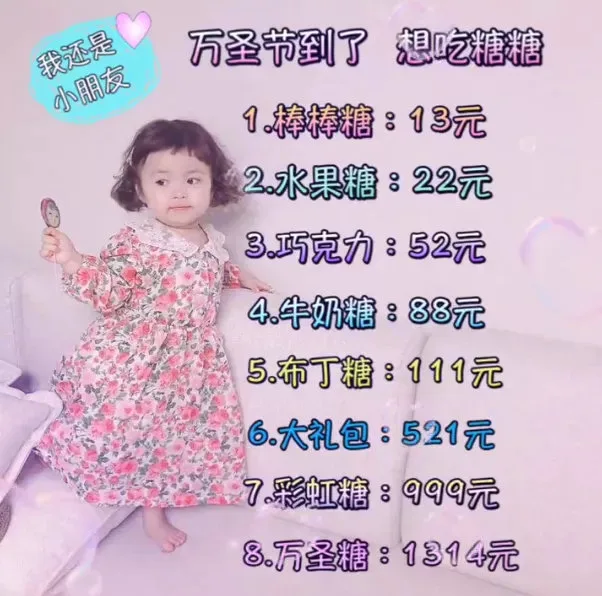 我还是万圣节到了想吃糖糖小朋友1棒棒糖:13元2水果糖:22元3巧克力:52元4牛奶糖:88元5布丁糖:111元6大礼包:521元7彩虹糖:qq元8.万圣糖:1314元