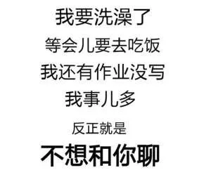 我要洗澡了，等会儿要去吃饭，我还有作业没写，我事儿多，反正就是不想和你聊（我要洗澡了，等会儿要去吃饭，我还有作业没写，我事儿多，反正就是不想和你聊）