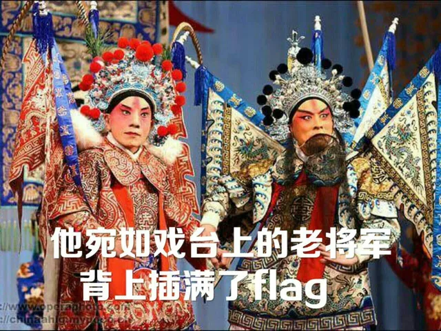 他宛如戏台上的老将军，背上插满了 flag