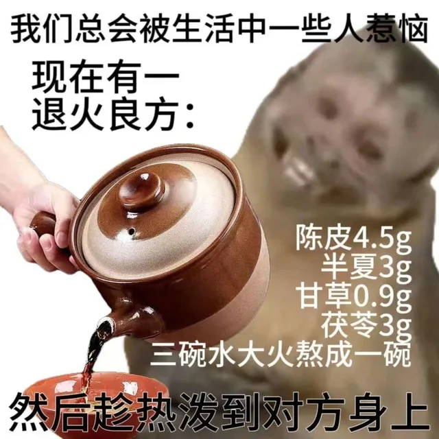 我们总会被生活中一些人惹恼现在有一退火良方：陈皮4.5g半夏3g甘草0.9g茯苓3g三碗水大火熬成一碗然后趁热泼到对方身上（我们总会被生活中一些人惹恼现在有一退火良方：陈皮4.5g半夏3g甘草0.9g茯苓3g三碗水大火熬成一碗然后趁热泼到对方身上）